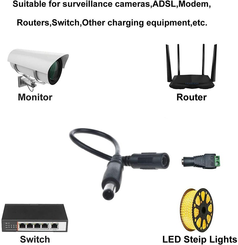 12V DC55x21mm Male and Female Connector Extension Cable application 12V DC55x21mm Male and Female Connector Extension Cable application
